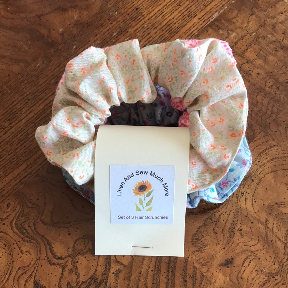 Set of 3 Handmade Scrunchies Pink Peach Blue Floral Hair Tie NEW
